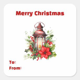 Red Christmas Lantern Poinsettia and Pine Gift Square Sticker