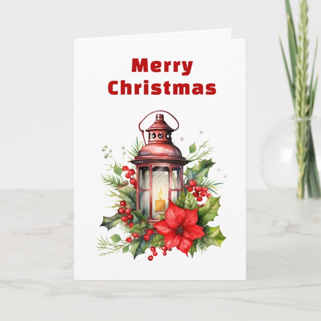 Red Christmas Lantern Poinsettia and Pine Holiday Card (Front)