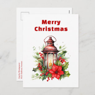 Red Christmas Lantern Poinsettia and Pine Holiday Postcard