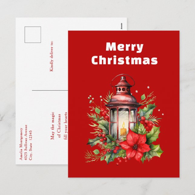 Red Christmas Lantern Poinsettia and Pine Holiday Postcard (Front/Back)