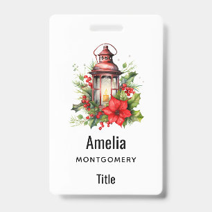 Red Christmas Lantern Poinsettia and Pine ID Badge