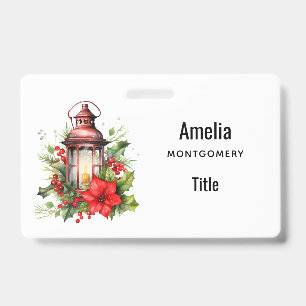 Red Christmas Lantern Poinsettia and Pine ID Badge