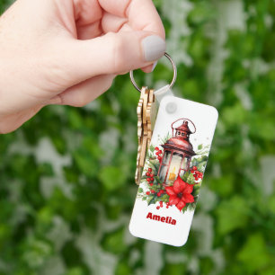 Red Christmas Lantern Poinsettia and Pine Key Ring