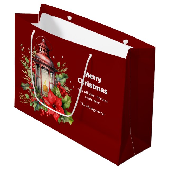 Red Christmas Lantern Poinsettia and Pine Large Gift Bag (Front Angled)