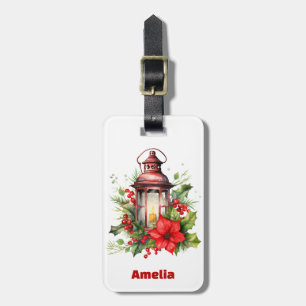 Red Christmas Lantern Poinsettia and Pine Luggage Tag