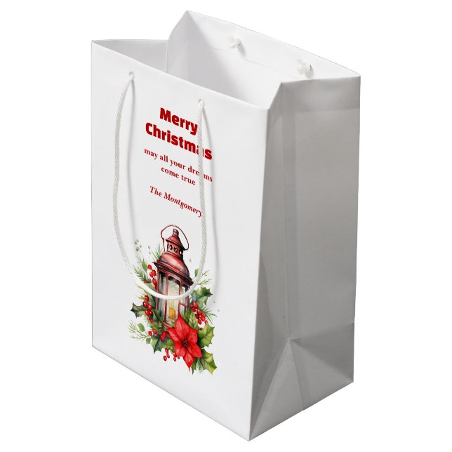 Red Christmas Lantern Poinsettia and Pine Medium Gift Bag (Back Angled)