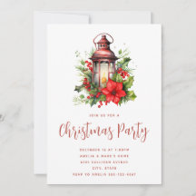 Red Christmas Lantern Poinsettia and Pine Party