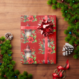 Red Christmas Lantern Poinsettia and Pine Pattern Wrapping Paper