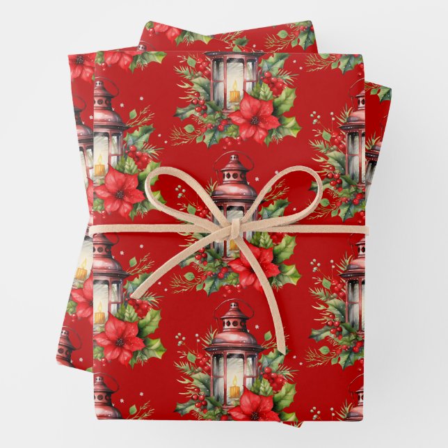 Red Christmas Lantern Poinsettia and Pine Pattern Wrapping Paper Sheet (In situ)