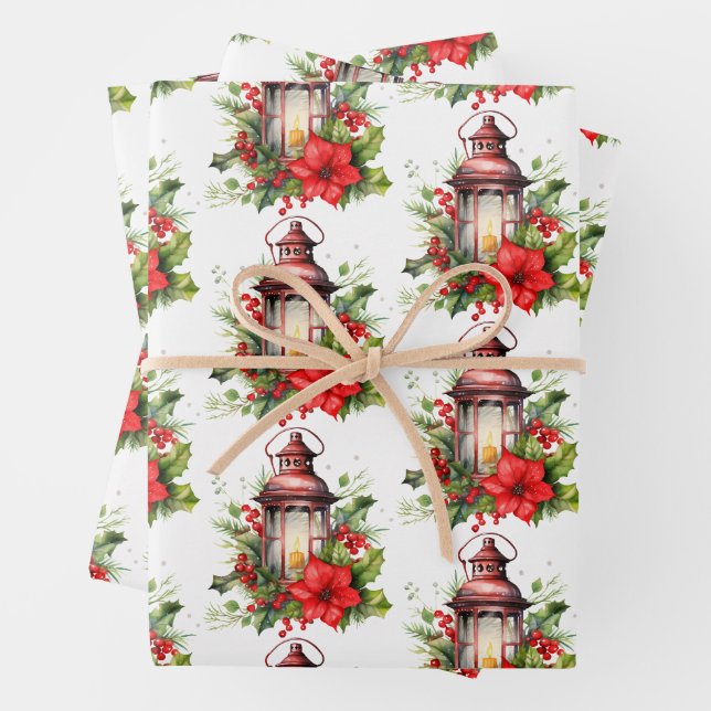 Red Christmas Lantern Poinsettia and Pine Pattern Wrapping Paper Sheet (In situ)