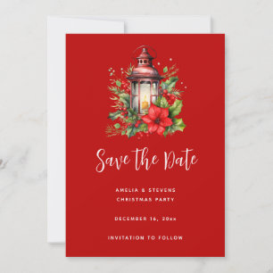 Red Christmas Lantern Poinsettia and Pine Save The Date