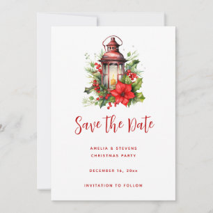 Red Christmas Lantern Poinsettia and Pine Save The Date