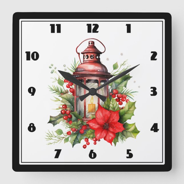 Red Christmas Lantern Poinsettia and Pine Square Wall Clock (Front)