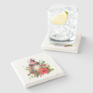 Red Christmas Lantern Poinsettia and Pine Stone Coaster