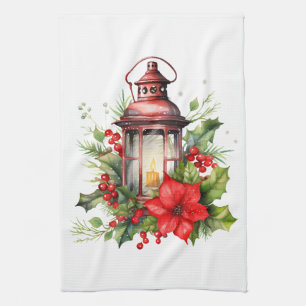 Red Christmas Lantern Poinsettia and Pine Tea Towel