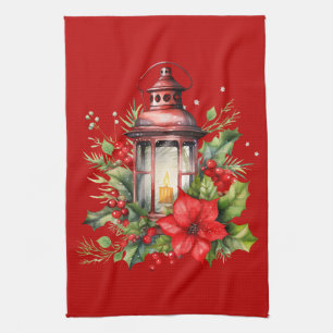 Red Christmas Lantern Poinsettia and Pine Tea Towel