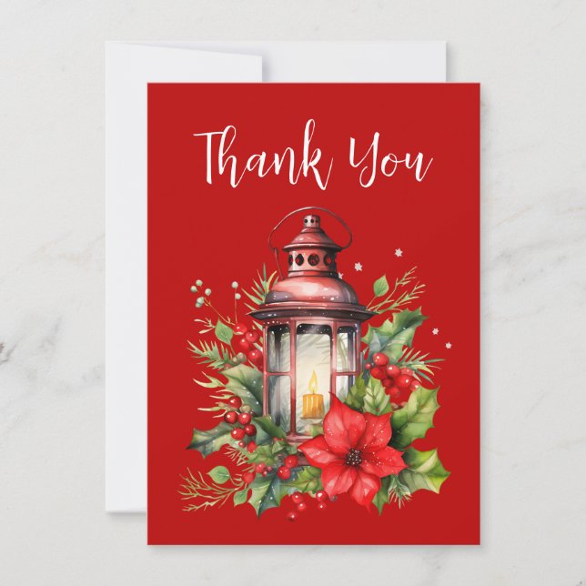 Red Christmas Lantern Poinsettia and Pine Thank You Card (Front)