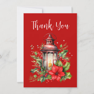 Red Christmas Lantern Poinsettia and Pine Thank You Card