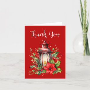 Red Christmas Lantern Poinsettia and Pine Thank You Card