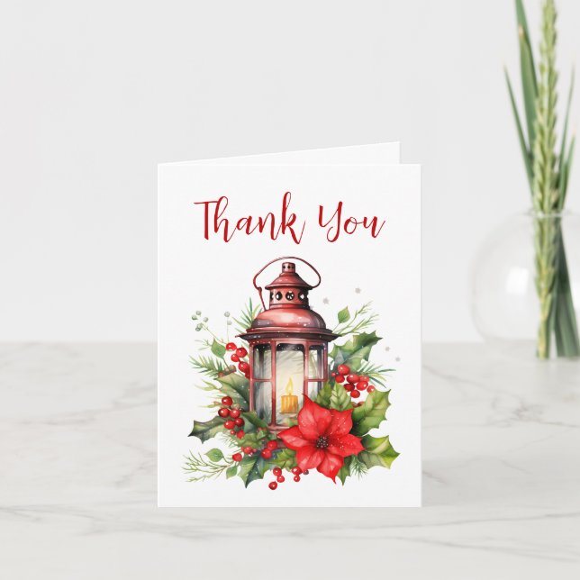 Red Christmas Lantern Poinsettia and Pine Thank You Card (Front)