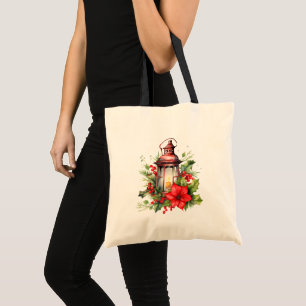 Red Christmas Lantern Poinsettia and Pine Tote Bag