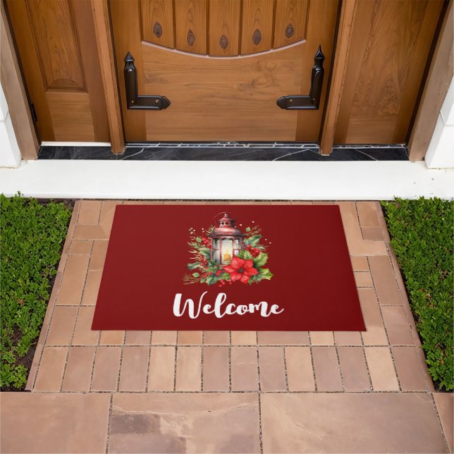 Red Christmas Lantern Poinsettia and Pine Welcome Doormat (Outdoor)