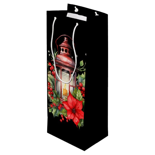 Red Christmas Lantern Poinsettia and Pine Wine Gift Bag (Back Angled)