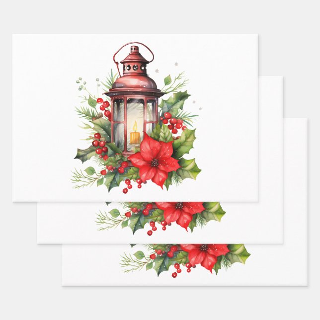 Red Christmas Lantern Poinsettia and Pine Wrapping Paper Sheet (Set)