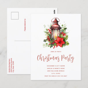 Red Christmas Lantern Poinsettia Party Invitation Postcard