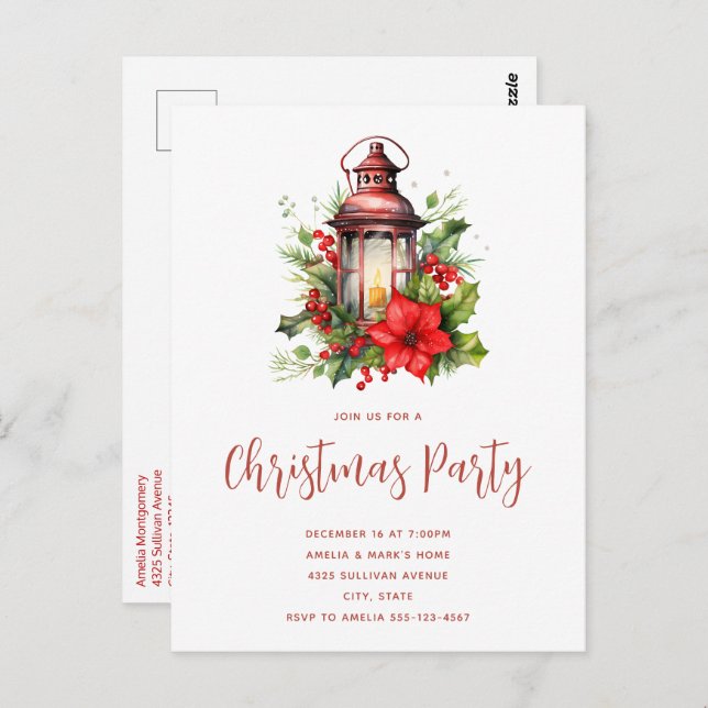 Red Christmas Lantern Poinsettia Party Invitation Postcard (Front/Back)