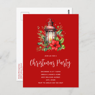 Red Christmas Lantern Poinsettia Party Invitation Postcard
