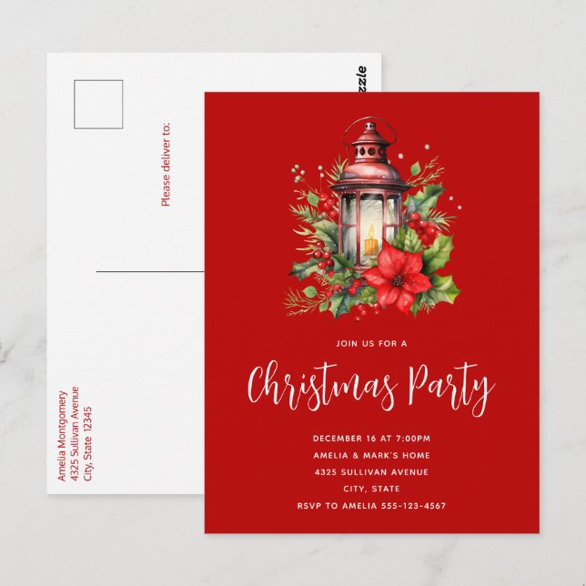 Red Christmas Lantern Poinsettia Party Invitation Postcard (Front/Back)