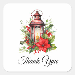 Red Christmas Lantern Poinsettia Thank You Square Sticker