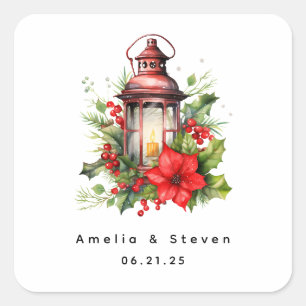 Red Christmas Lantern Poinsettia - Wedding Square Sticker