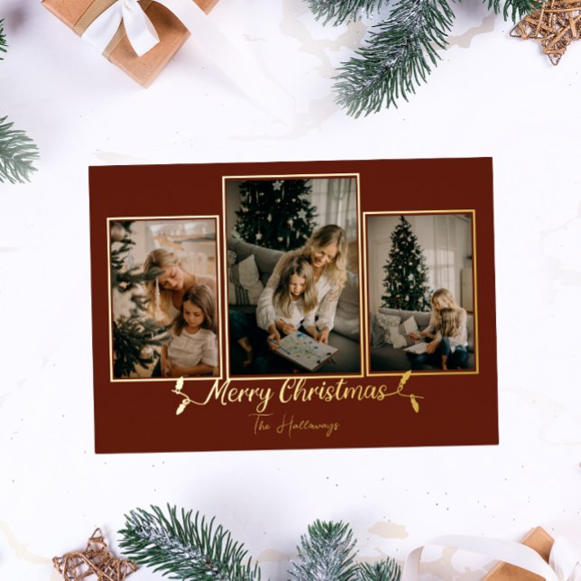 Red Christmas Lights 3 Photo Foil Holiday Card (Creator Uploaded)