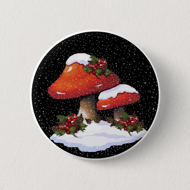 Red Christmas Mushrooms, Snow, Holly, Art 6 Cm Round Badge (Front)