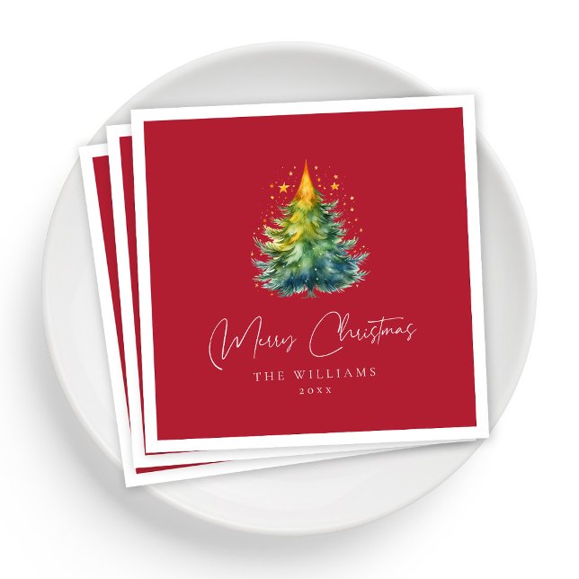 Red Christmas Napkins Adorned With Christmas Trees (Personalized Red Christmas Napkins Adorned With Christmas Trees)