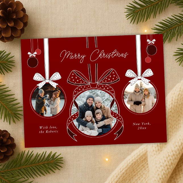 Red Christmas Ornament Ball Ribbon Three Photos Postcard (elegant ribbons, bows and ball balls photo collage Christmas postcards in red and white)