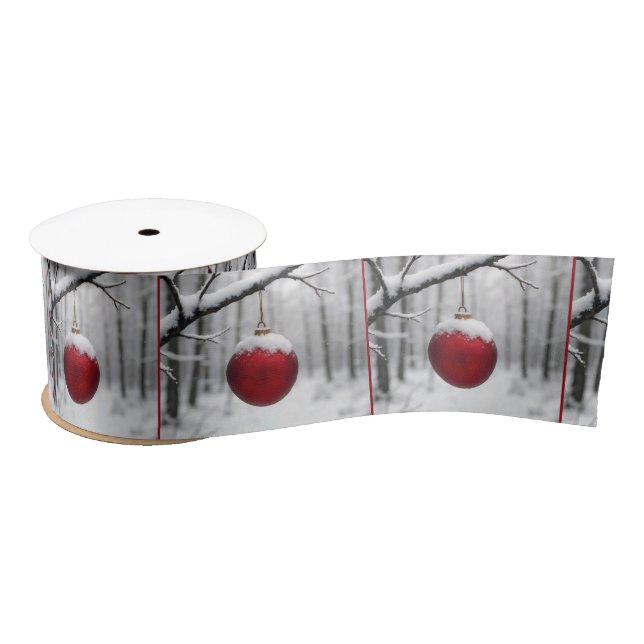 Red Christmas Ornament On Snowy Branch Satin Ribbon (Spool)