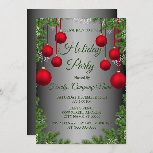 Red Christmas Ornaments Green Holidays Party Invitation (Front/Back)