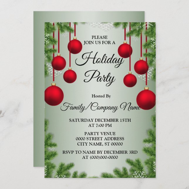 Red Christmas Ornaments Green Holidays Party Invitation (Front/Back)