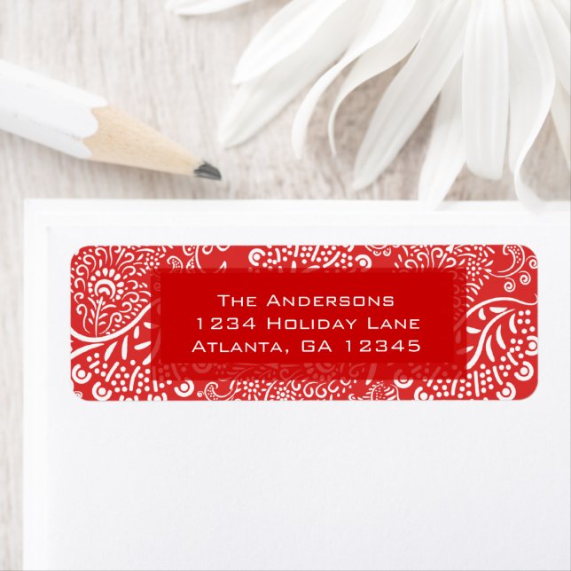 Red Christmas Paisleys Return Address Label (Insitu)