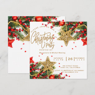 Red CHRISTMAS PARTY gold Snowflakes Tree Sparkle  Invitation