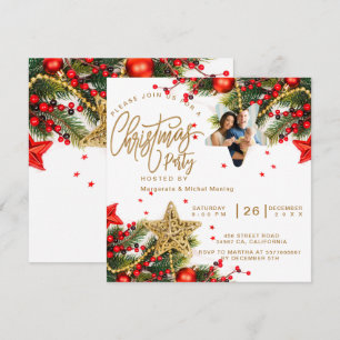 Red CHRISTMAS PARTY gold Snowflakes Tree Sparkle  Invitation