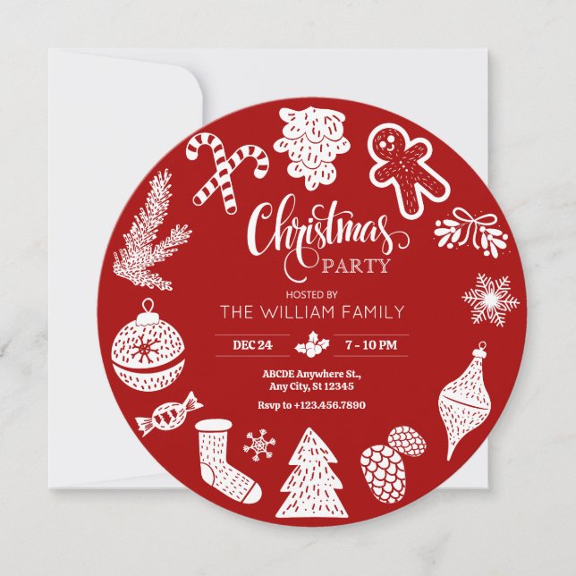 Red christmas party ornaments invitation (Front)
