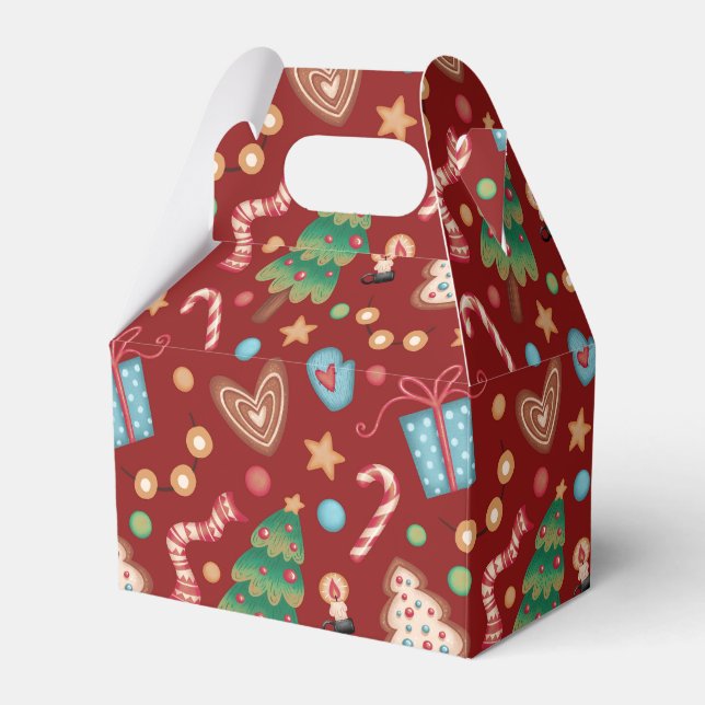 Red Christmas Pattern Gabled Party Favour Gift Box (Front Side)