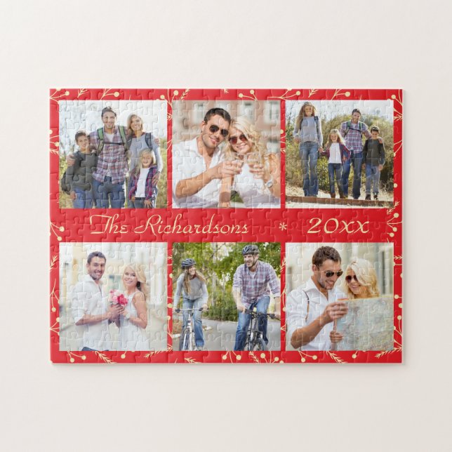 Red Christmas Personalised 6 Photo Collage Jigsaw Puzzle (Horizontal)