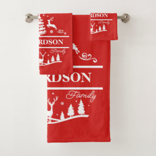 Red Christmas Personalised Family Name   Holiday Bath Towel Set