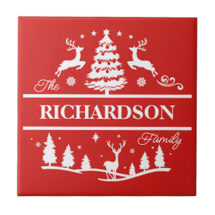 Red Christmas Personalised Family Name Holiday Ceramic Tile