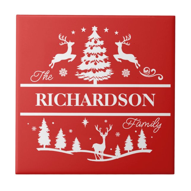 Red Christmas Personalised Family Name | Holiday Ceramic Tile (Front)